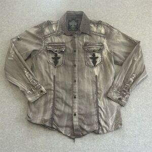 Roar Shirt Men's XXXL Gray Embroidered Western Casual Y2K Buckle Acid Wash